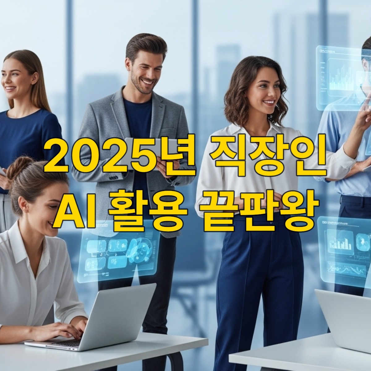 2025년, 코딩 없이 AI를 활용하여 업무를 자동화하는 직장인들의 모습. 다양한 연령대의 사람들이 노트북과 태블릿으로 AI 도구를 능숙하게 다루며 생산성을 높이고 있다.