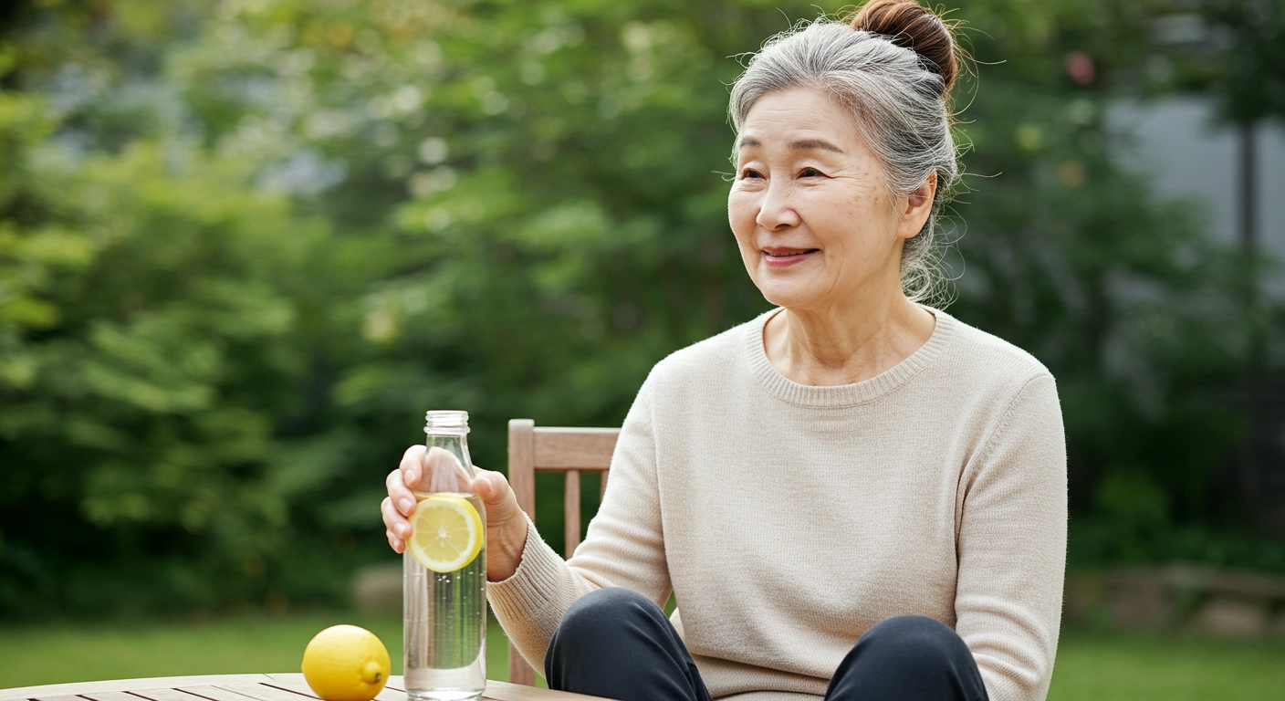 레몬이 든 물병 옆에 앉아있는 시니어 여성