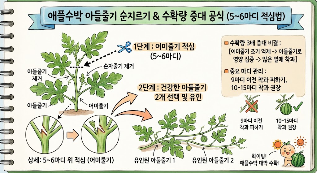 애플수박의 어미줄기를 5~6마디에서 자르고 건강한 아들줄기 2개만 남겨 기르는 순지르기 과정을 나타낸 설명 삽화