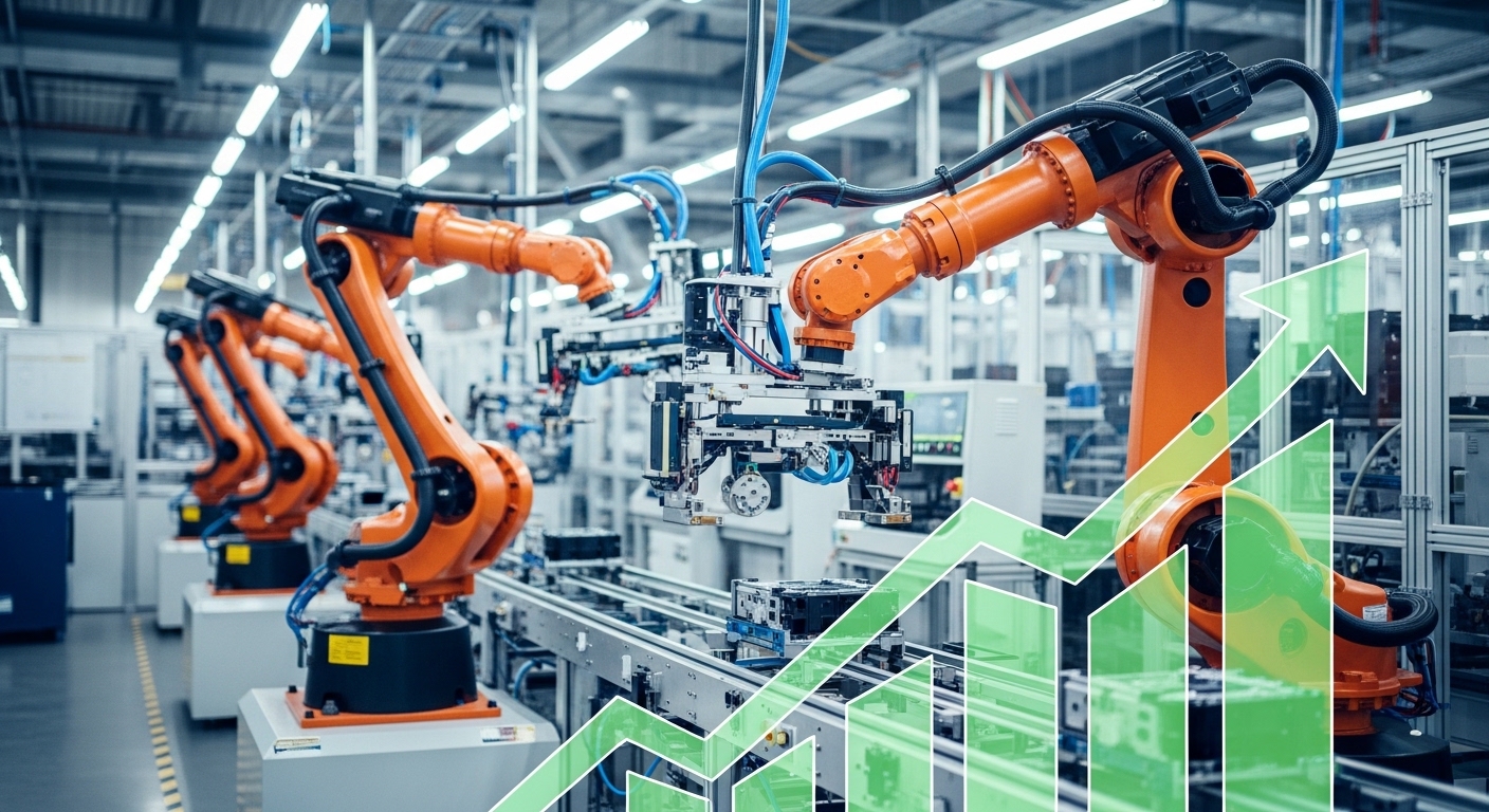 미래 로봇 공장 라인과 함께 상승 곡선을 그리는 주가 그래프 이미지