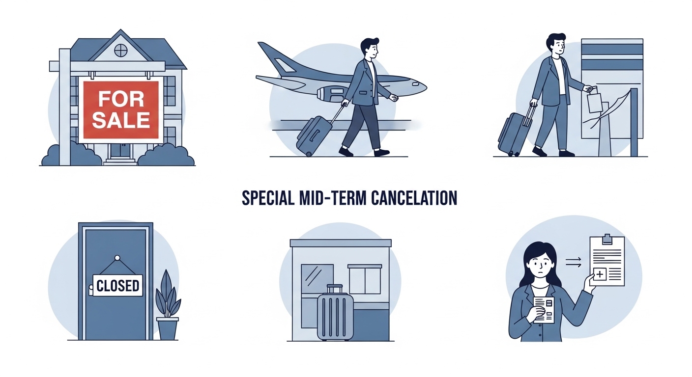 사망, 해외 이주, 사업 폐업 등 청년도약계좌 특별 중도 해지 사유들을 상징하는 이미지들