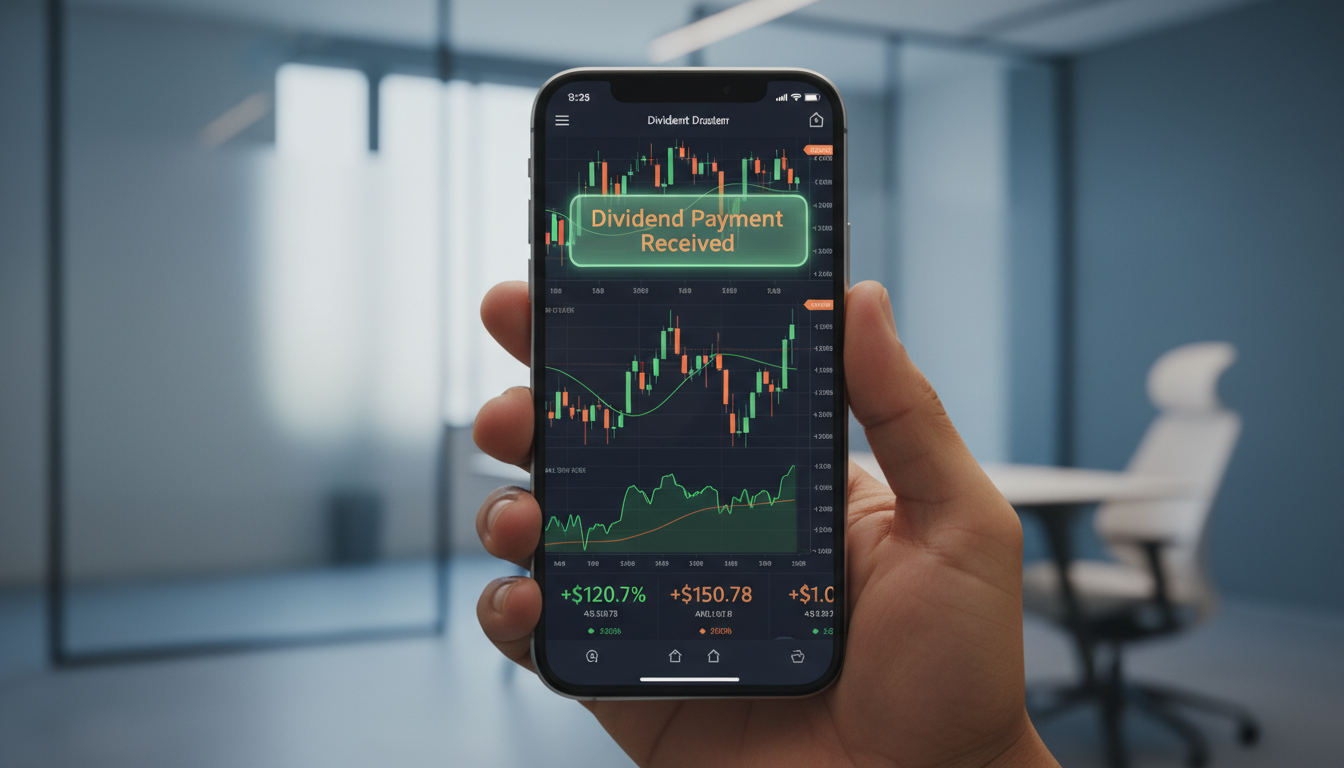 스마트폰 화면에 증권사 앱이 보이며, '배당금 입금 완료' 알림이 떠 있는 모습