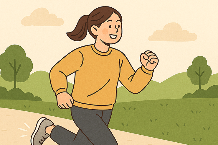 여성이 웃는 얼굴로 공원을 산책중인 이미지입니다.