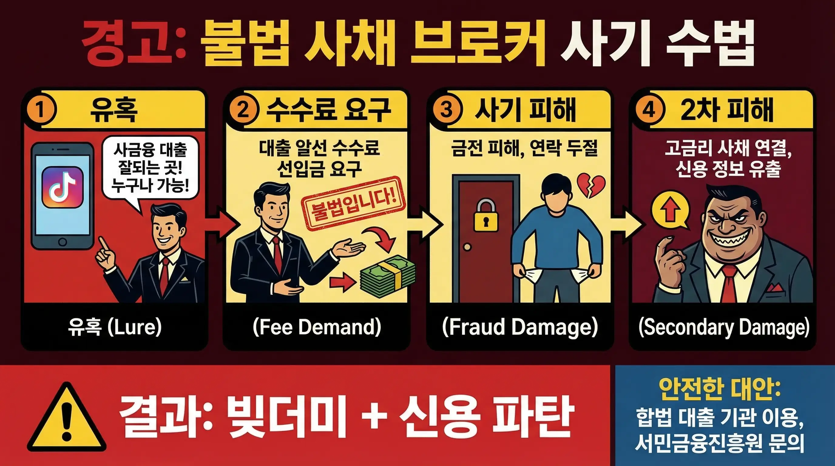 불법 사채 브로커들이 사금융 대출 잘되는 곳이라는 거짓말로 수수료를 뜯어내는 사기 수법을 경고하는 인포그래픽