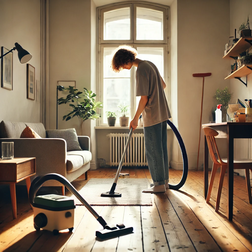 자취생이 원룸에서 무선 청소기를 사용해 청소하는 모습