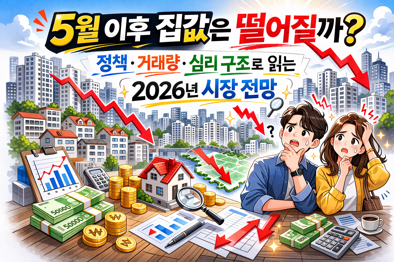 2026년 부동산 시장 전망과 하락 화살표가 있는 인포그래픽