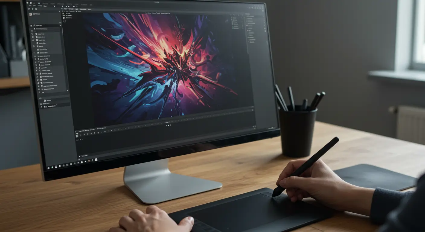 고해상도 모니터에서 포토샵으로 화려한 이미지를 편집하며 그래픽 태블릿과 펜을 사용하는 디자이너의 손을 찍은 사진