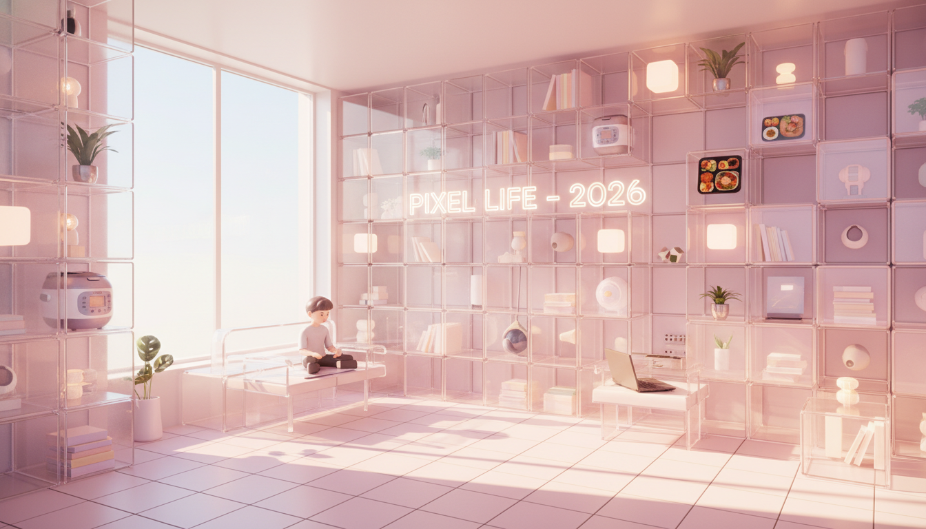 2026년 소비 트렌드 픽셀 라이프를 상징하는 현대적인 마이크로 생활 양식 일러스트
