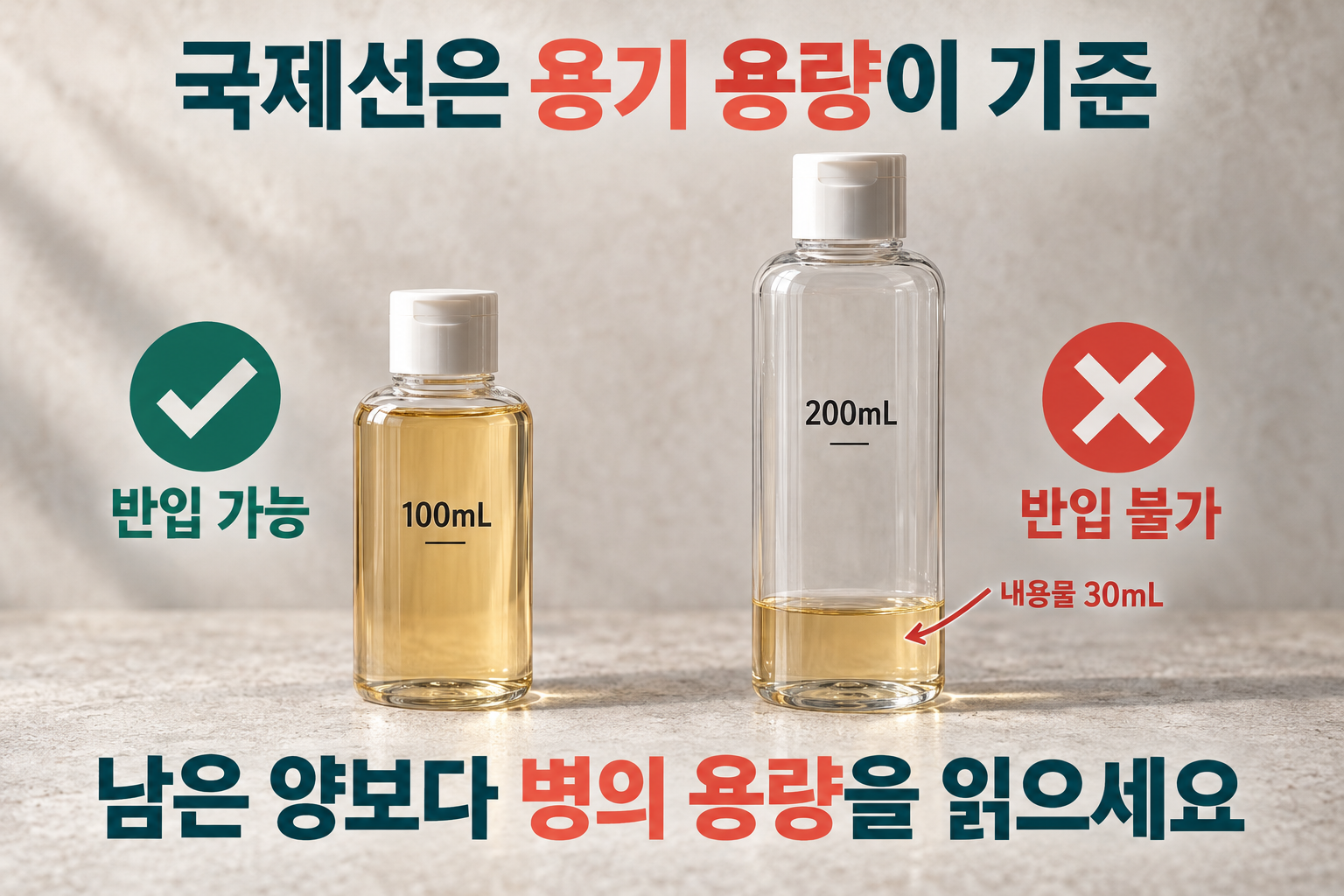 100mL 용기와 200mL 용기에 조금만 남은 액체의 국제선 반입 비교