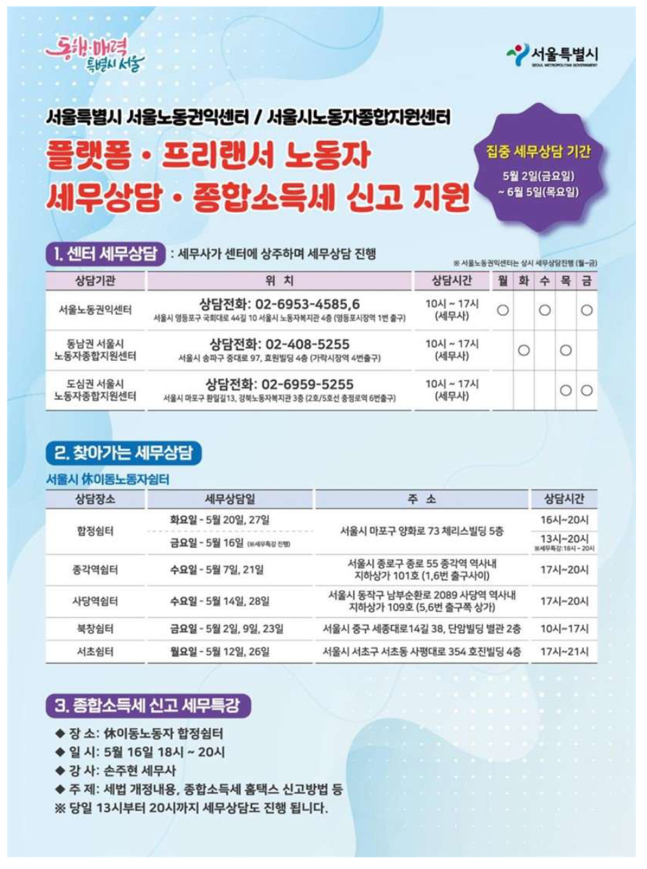 서울시 플랫폼·프리랜서 노동자 세무상담 무료 지원받는 법