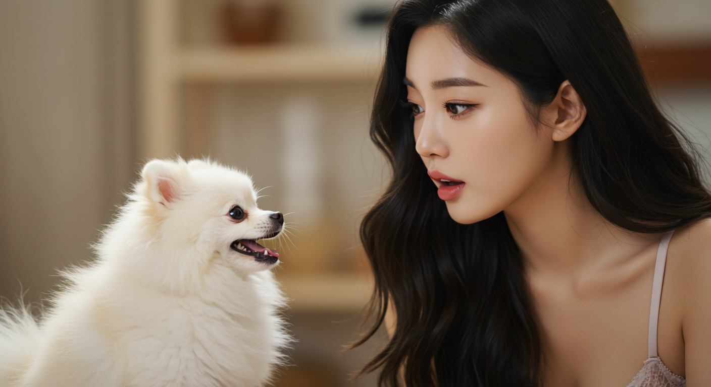 강아지와 대화하는 여성