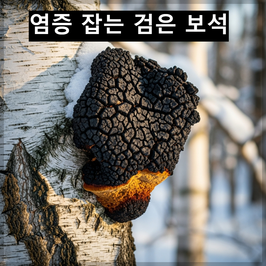 눈 덮인 자작나무 숲에서 자라난 검은색 차가버섯 덩어리