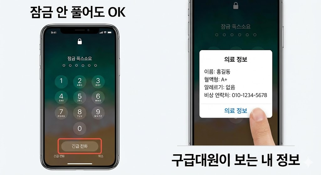 스마트폰 잠금 화면에서 '긴급 전화' 기능을 통해 사용자의 의료 정보를 확인할 수 있는 과정을 실제 UI 화면처럼 구성하여 보여줍니다.