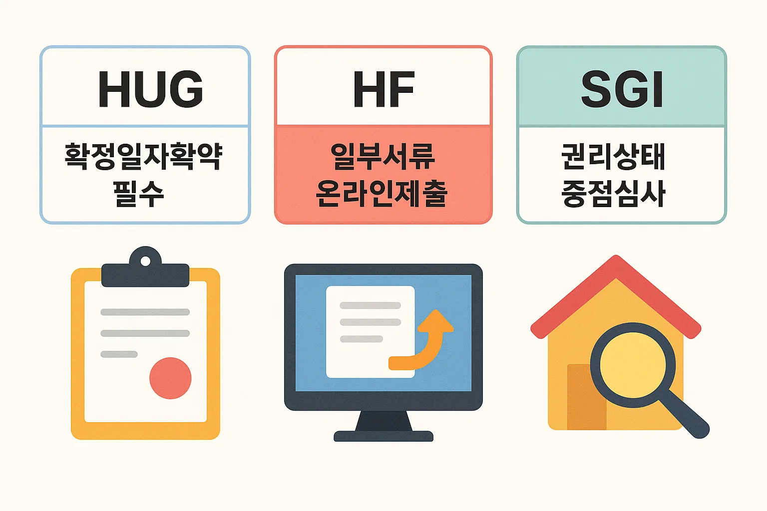 HUG는 확정일자 확인 필수, HF는 일부 서류 온라인 제출 가능, SGI는 권리상태 중점심사 등 기관별 준비해야 할 특이사항을 비교한 인포그래픽