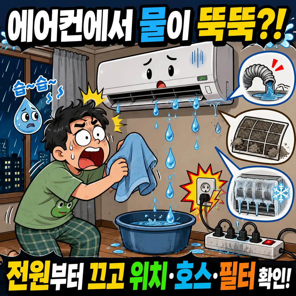 물이 새는 벽걸이 에어컨 아래에서 수건과 양동이를 들고 당황한 남성을 그린 만화 스타일의 일러스트. '에어컨에서 물이 뚝뚝?!'이라는 문구와 함께 전원 차단, 호스 배수, 필터 청소 등 에어컨 누수 시 필수 확인 사항이 직관적인 그림과 텍스트로 묘사되어 있습니다.