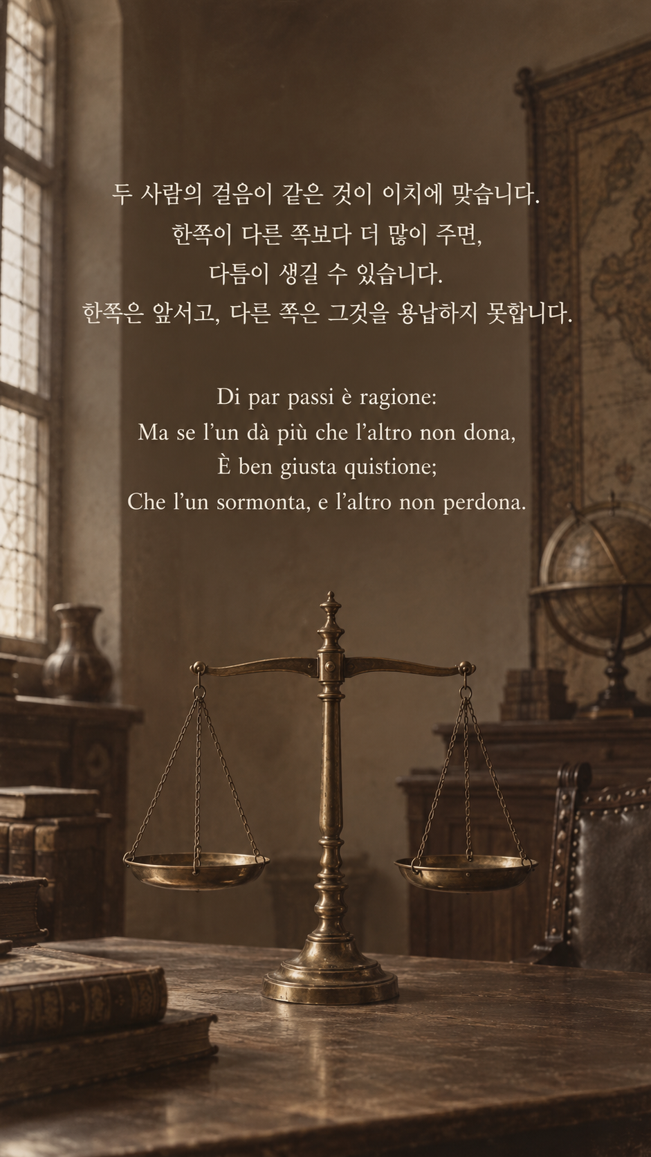 함께 맞추는 걸음: 두 사람의 걸음이 같은 것이 이치에 맞습니다. 한쪽이 다른 쪽보다 더 많이 주면, 다툼이 생길 수 있습니다. 한쪽은 앞서고, 다른 쪽은 그것을 용납하지 못합니다. 초기사진기술풍, 양쪽 접시의 높이가 같은 빈 저울.