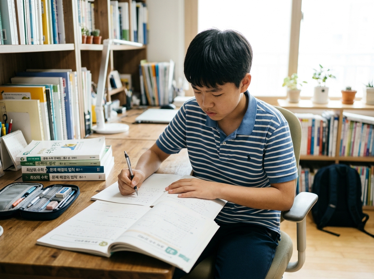 수학 교재를 보며 집중하여 공부하는 한국인 초중등 학생