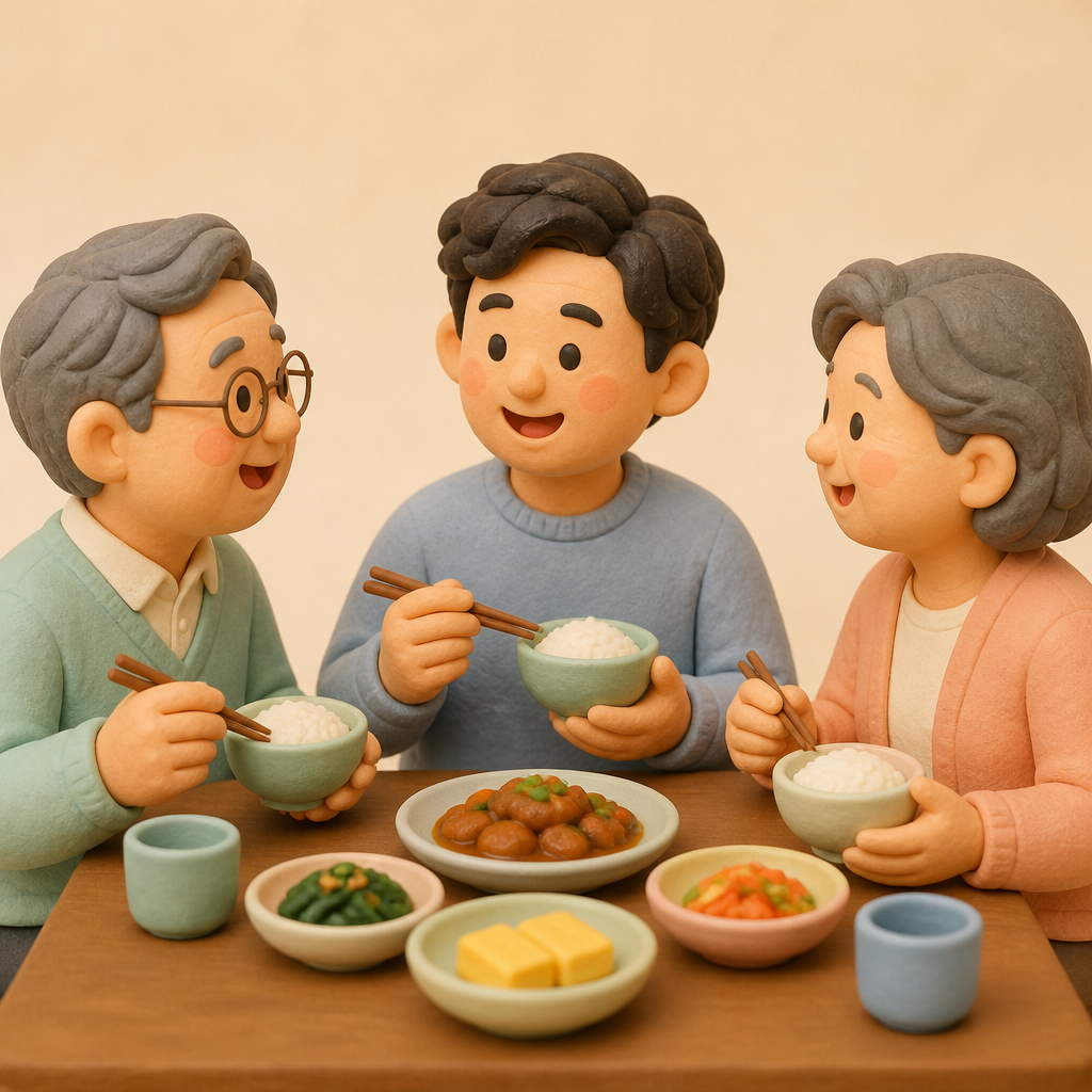 저녁 식탁에서 부모님과 마주 앉아 웃으며 이야기하는 아들
