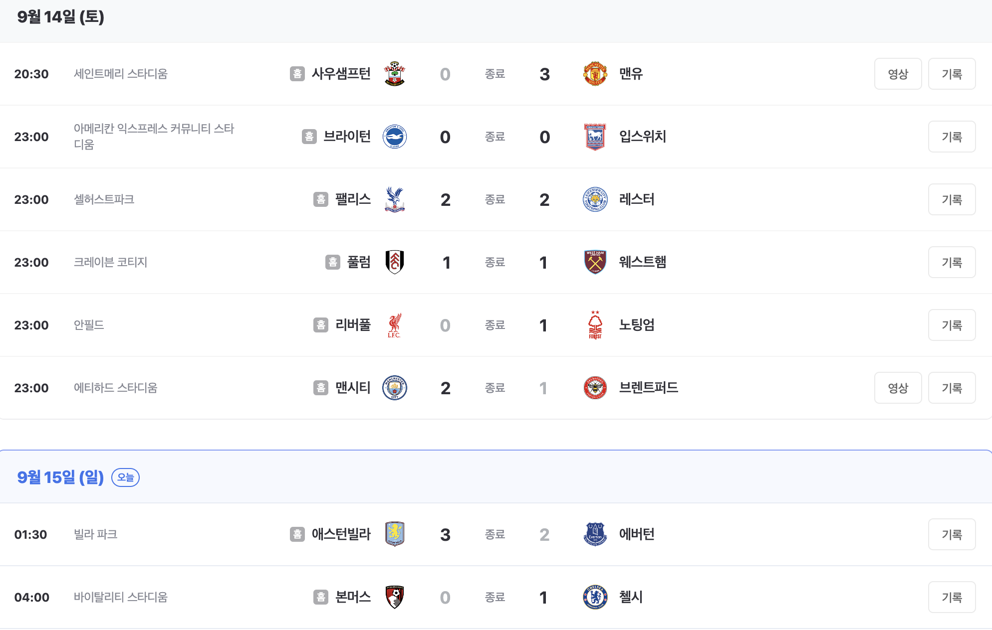 9월14일 프리미어리그 경기 결과