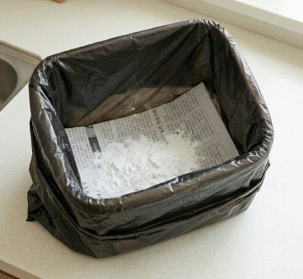 봉투 바닥에 신문지를 깔고 베이킹소다를 뿌려둔 이미지