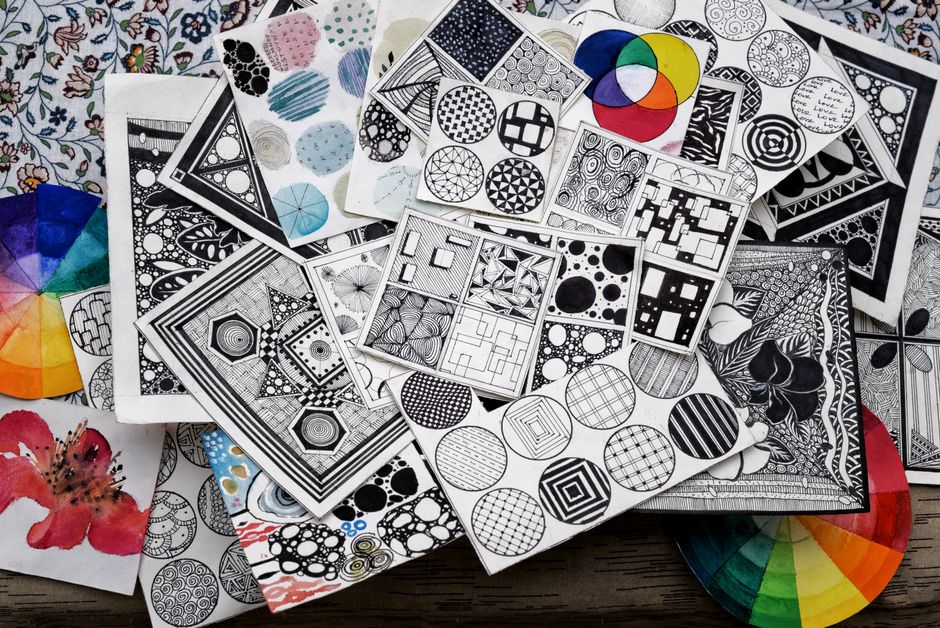 A collection of diverse geometric patterns and designs in monochrome and color.