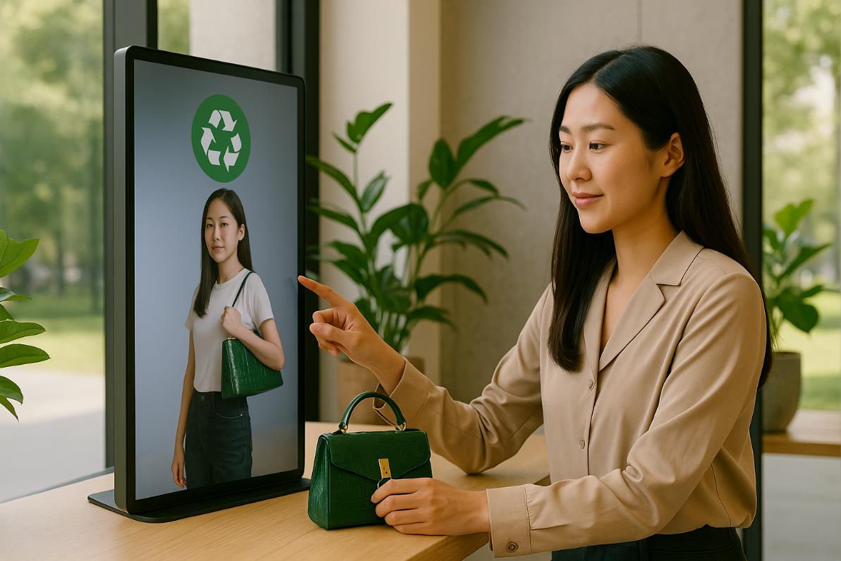 플래그십 스토어에서 여성 고객이 디지털 스크린을 통해 친환경 소재 명품 아이템을 가상 피팅 체험하는 모습.
