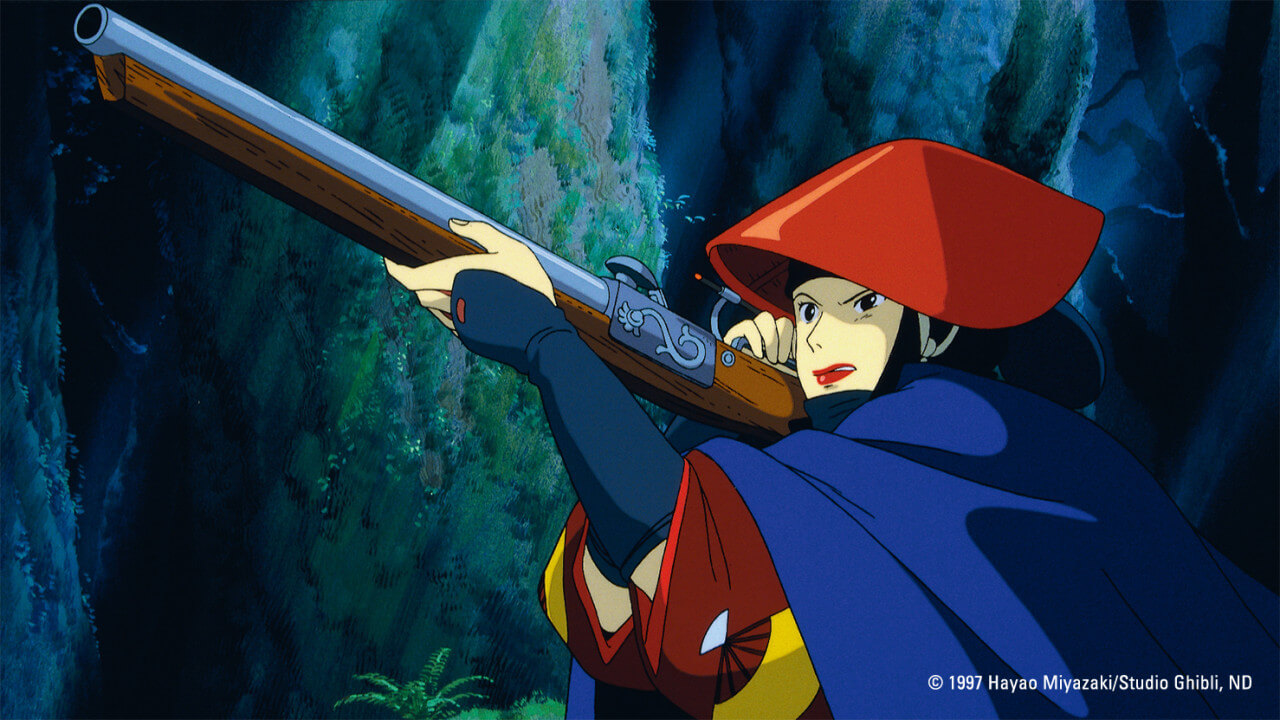 사슴신의 목을 베기 위해 총을 겨누는 에보시