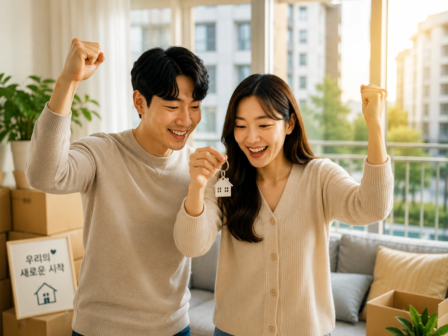 신혼부부가 새집에서 집 열쇠를 들고 입주를 축하하며 내 집 마련에 성공한 모습을 담은 장면