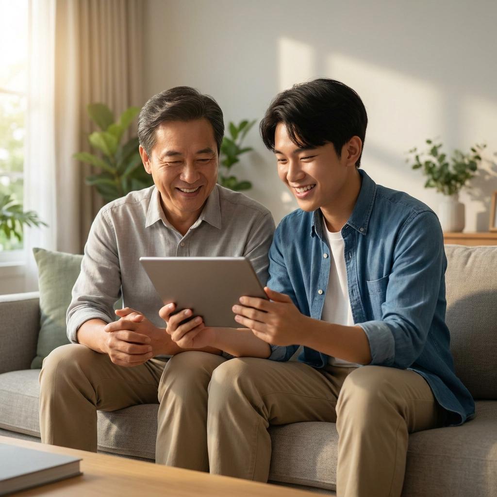 2026년 인천시 청년월세 특별지원 신청 자격을 확인하며 안도하고 미소 짓는 아버지와 아들의 모습