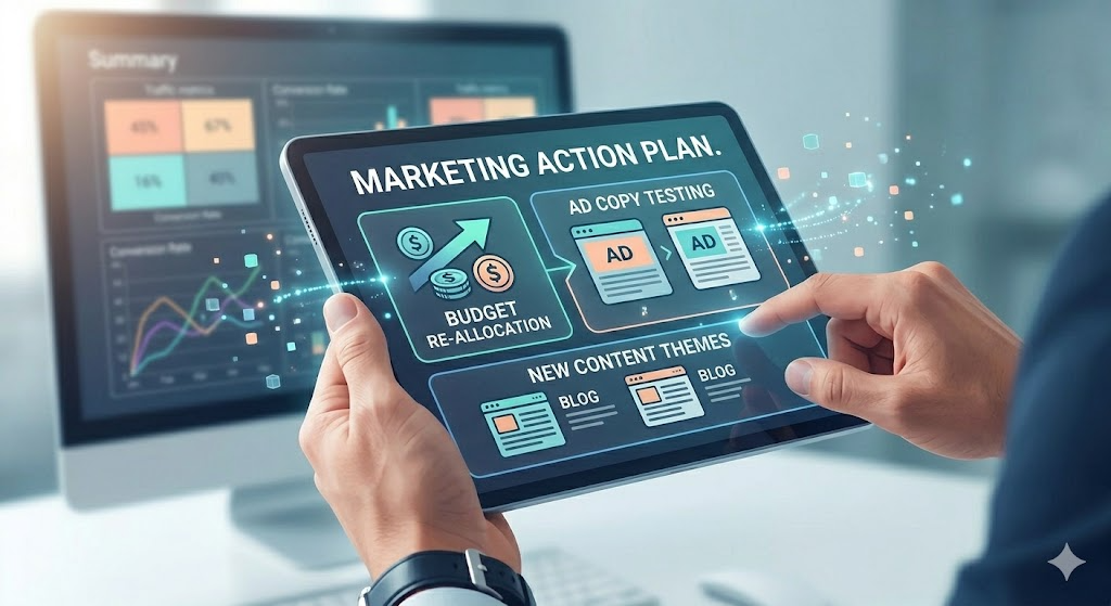 AI의 분석 결과를 바탕으로 마케터가 수립한 구체적인 전략(광고 예산 조정, 소재 기획 등)을 실행에 옮기는 모습