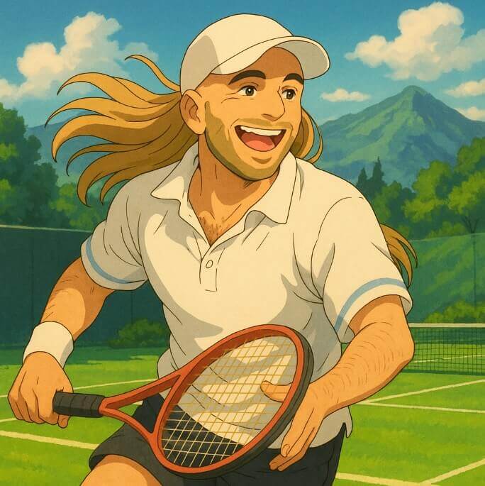안드레 아가시가 코트에서 환하게 웃는 지브리 스타일 그림