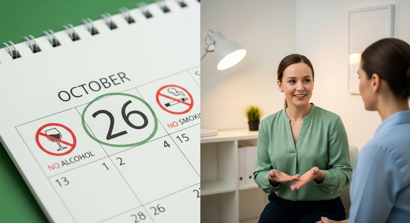 건강검진 날짜가 표시된 달력과 여성 검진 시 주의사항을 상담하는 의료진과 여성의 모습