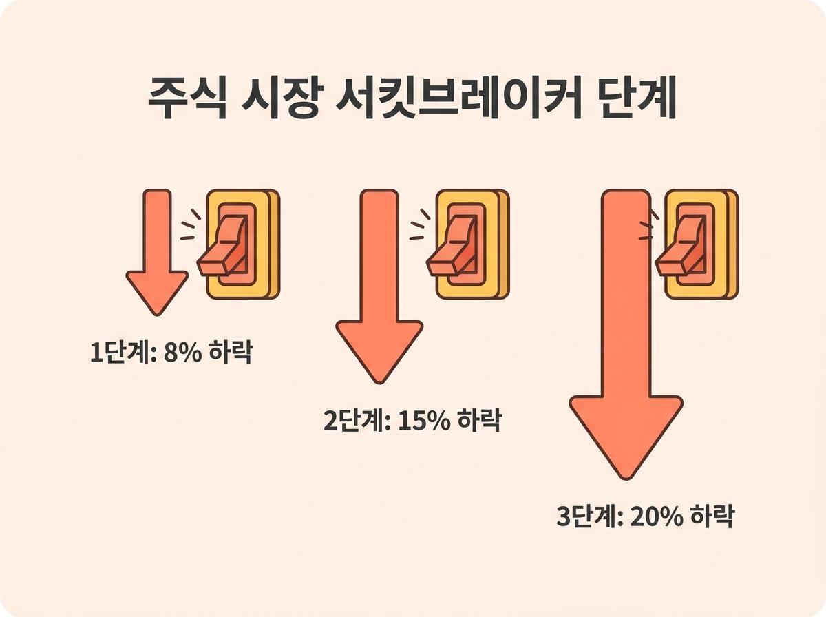 계단식으로 떨어지는 화살표와 단계별 차단기가 내려가는 타임라인 인포그래픽