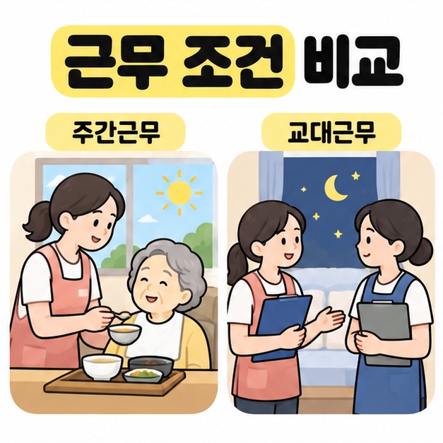 낮에 어르신의 식사를 돕는 장면과 밤에 요양보호사 두 명이 업무를 인계하는 장면을 비교한 근무조건 안내