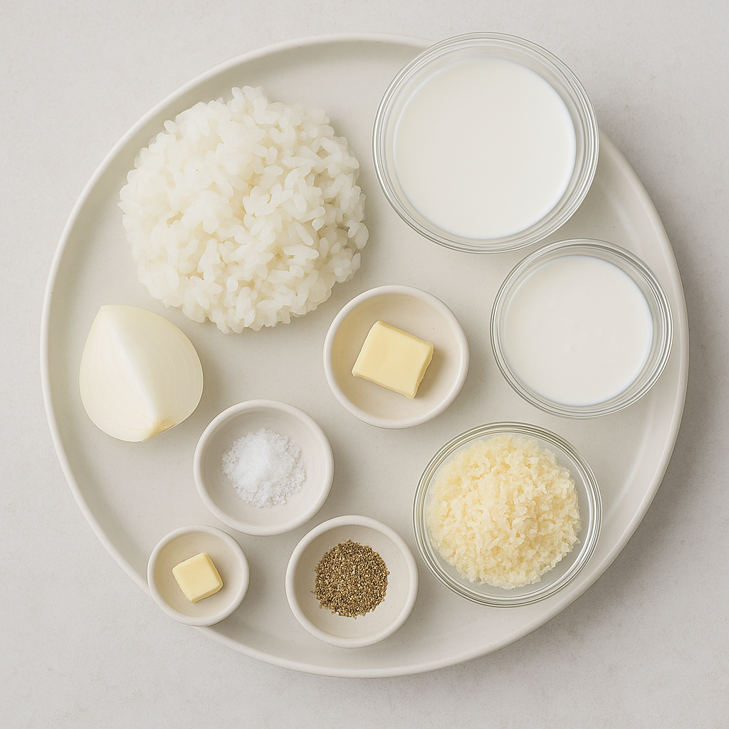 밥 1공기, 우유 1컵, 생크림 1/2컵, 양파 1/4개, 버터 1큰술, 소금, 후추, 파르메산 치즈