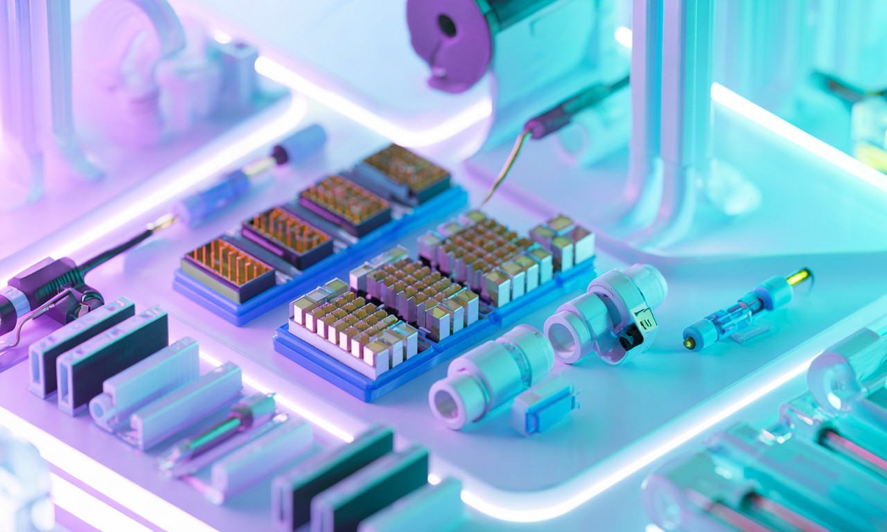 HBM 메모리 스택 제조 공정과 정밀 조립 과정을 보여주는 3D 이미지