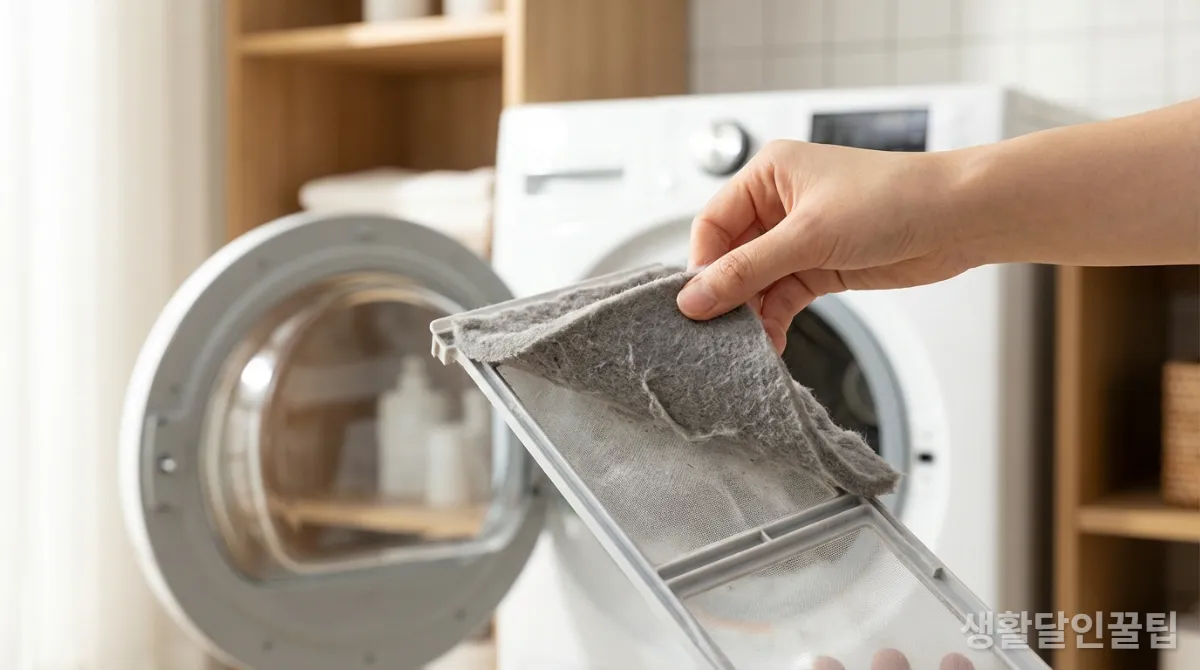 건조기 먼지 필터를 깨끗하게 청소하는 손