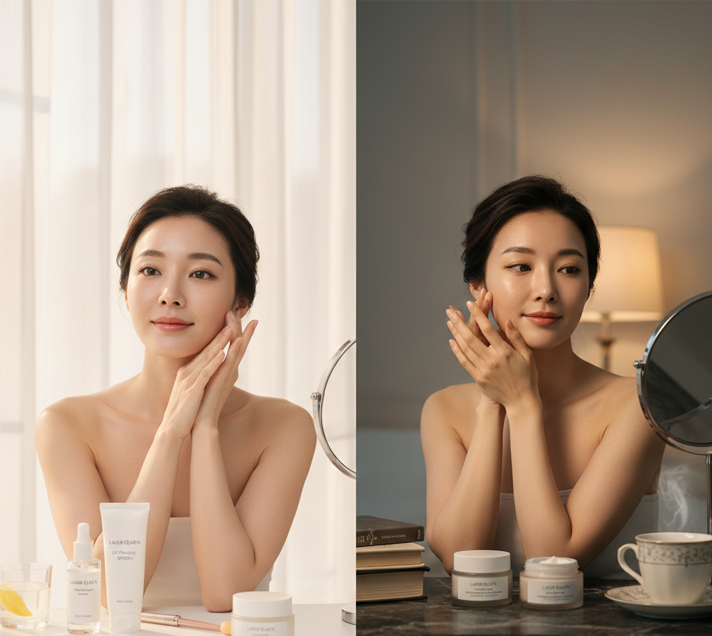 기미 관리 루틴의 핵심인 아침 보호와 저녁 회복을 대비하여 보여주는 여성의 피부 홈케어 모습