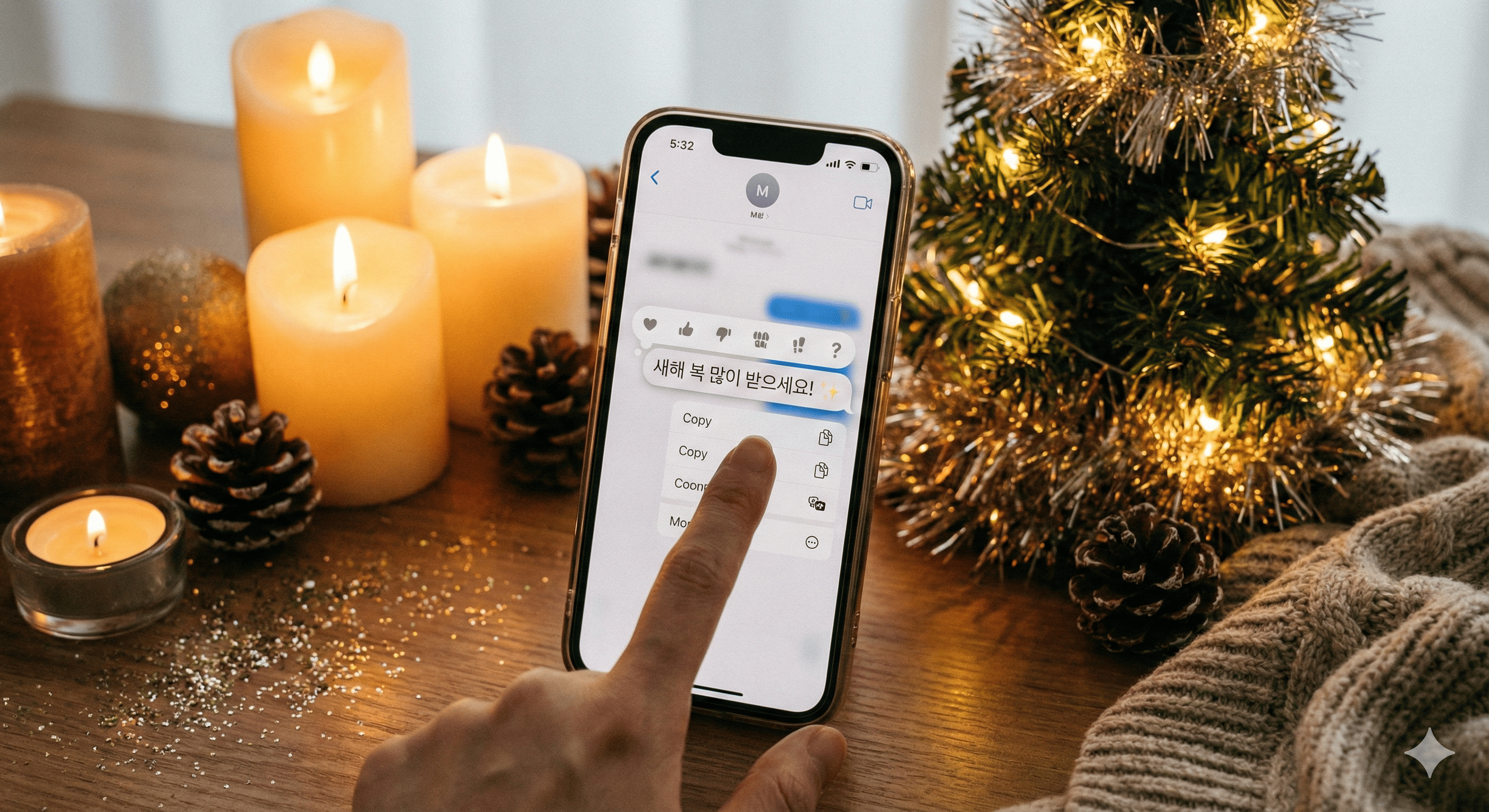 모바일에서 새해 인사말을 복사해 보내는 장면