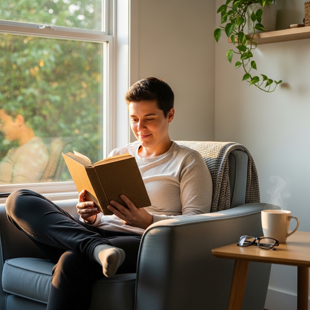 정돈된 환경에서 스마트폰 없이 책에 몰두하는 사람의 모습