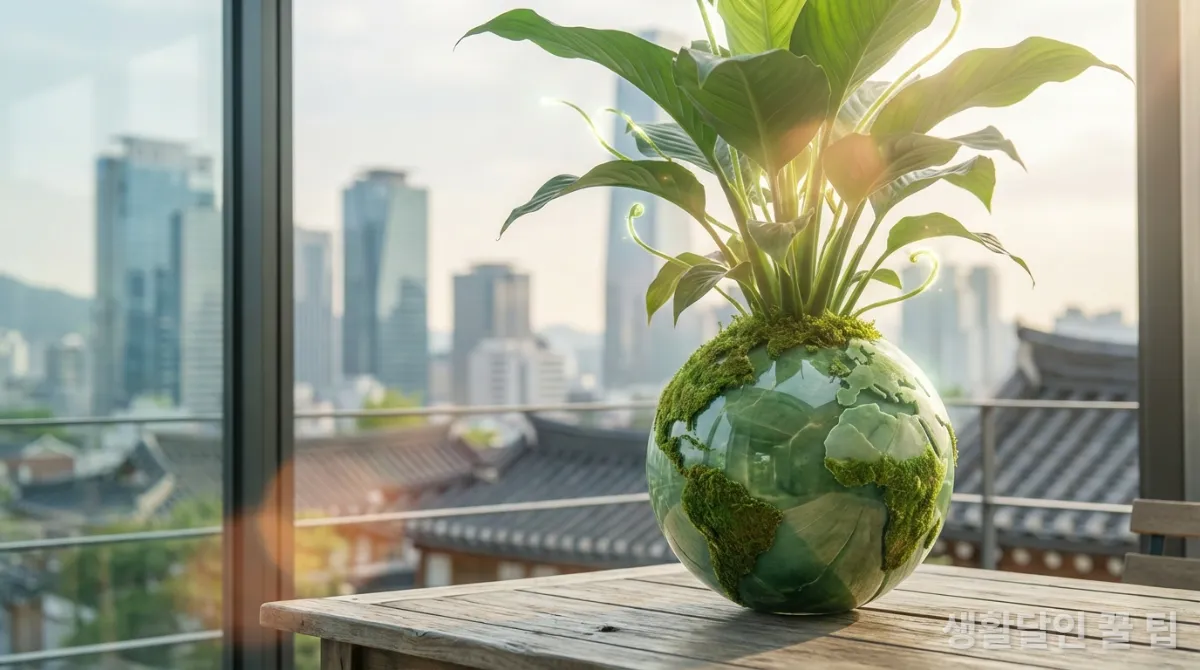 지구본 위에서 자라나는 푸른 식물, 식물성 대체육의 환경적 이점 상징