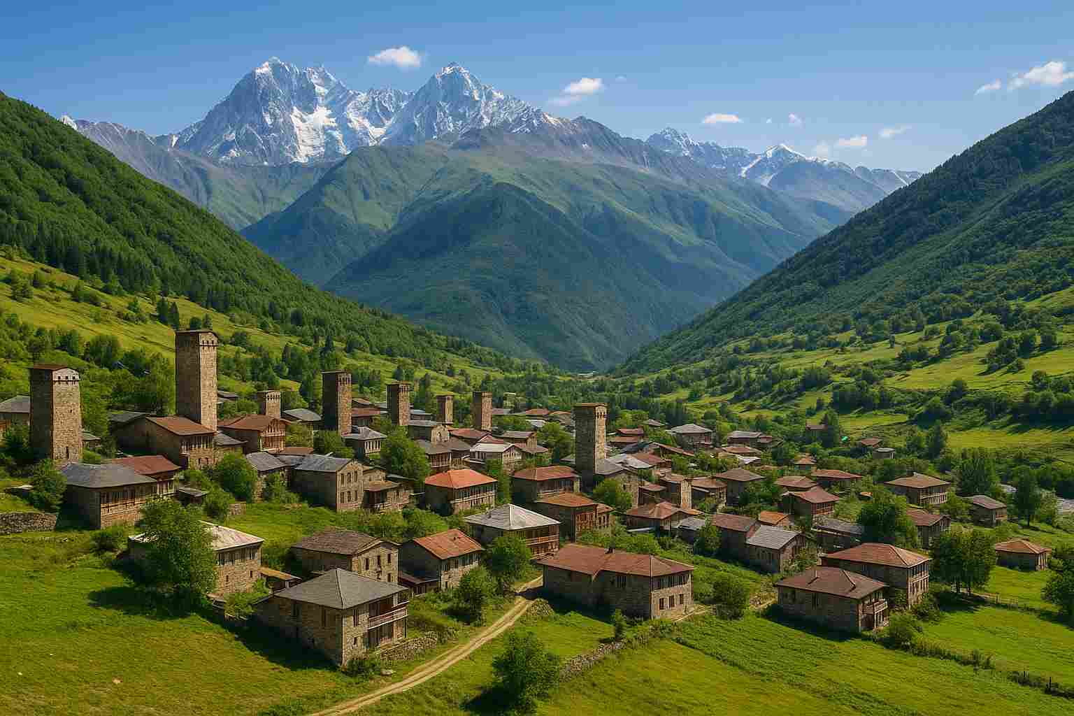 조지아 메스티아 마을 전경과 코카서스 산맥, 고대 방어탑과 스반족 전통 가옥이 어우러진 고산 풍경