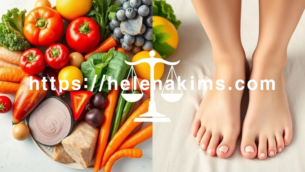 한쪽에는 신선한 채소, 과일, 단백질 등 건강하고 균형 잡힌 식단이 먹음직스럽게 정돈되어 있고, 다른 한쪽에는 통증 없이 가볍고 편안해 보이는 발의 모습.