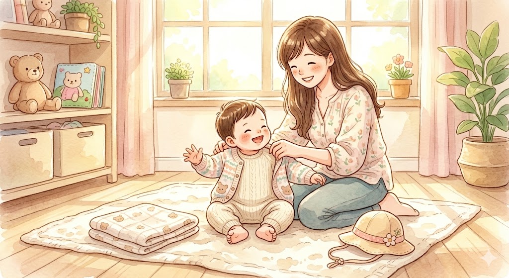 A mother dressing her smiling baby in a light cardigan indoors, with a thin blanket and sun hat nearby, preparing for a spring outing with layered clothing.
