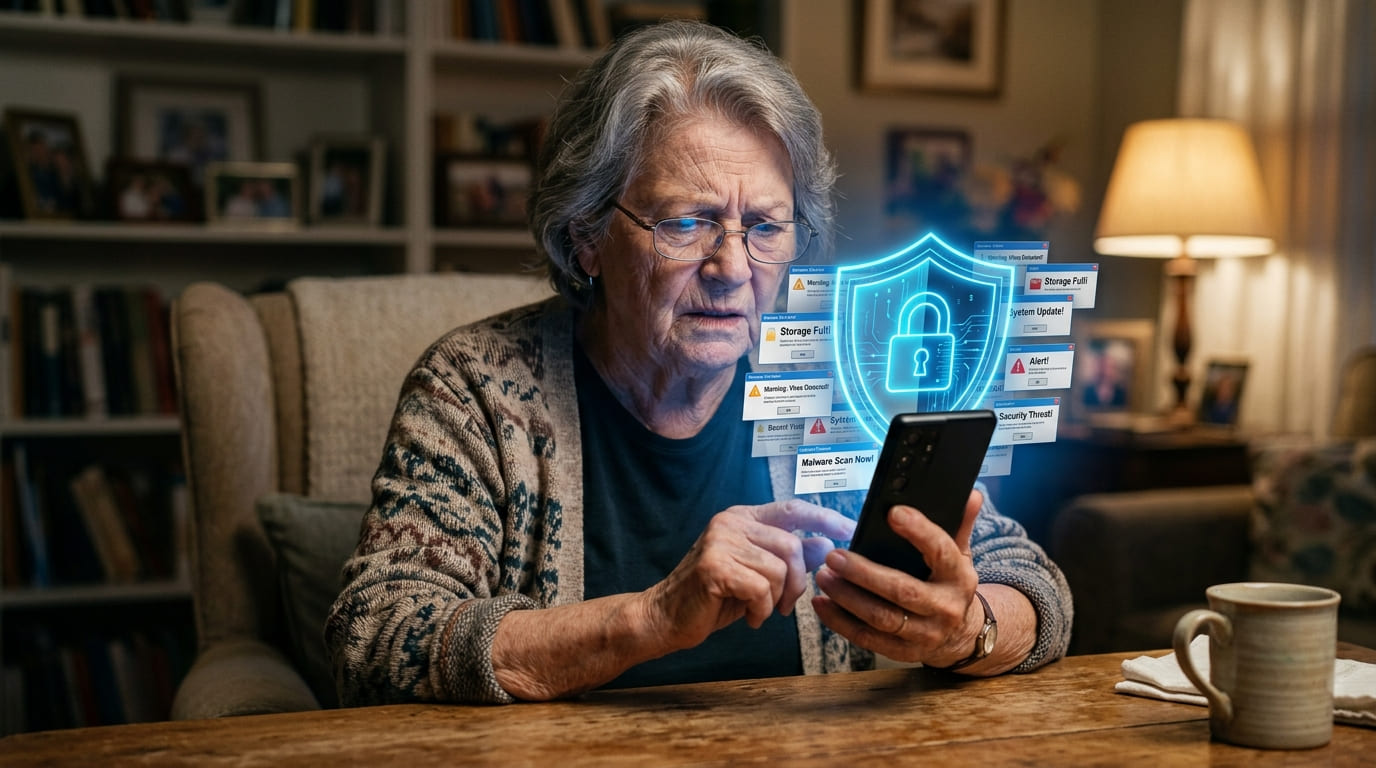 스마트폰의 수많은 팝업 경고창 앞에서 당황하는 시니어 사용자를 보호하는 푸른색 디지털 방어막