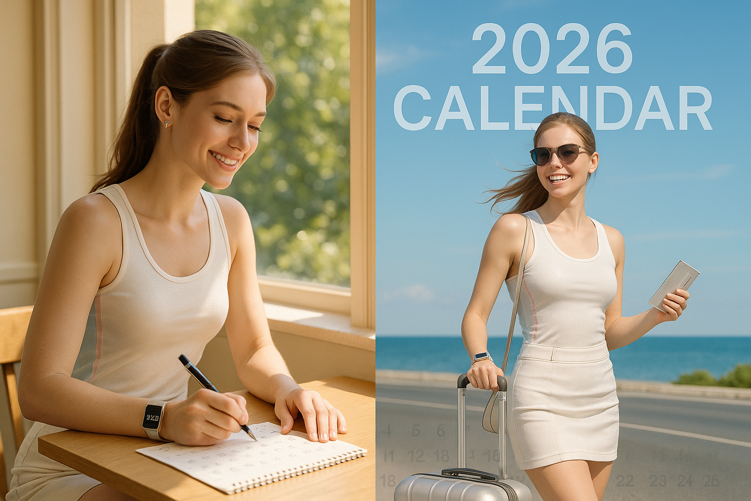 2026년 공휴일을 계획하며 휴가를 준비하는 지원이의 모습을 표현했습니다.