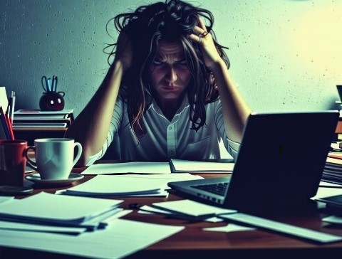 스트레스를 받고 있는 한 사람이 양손으로 머리를 움켜쥐고 있습니다.