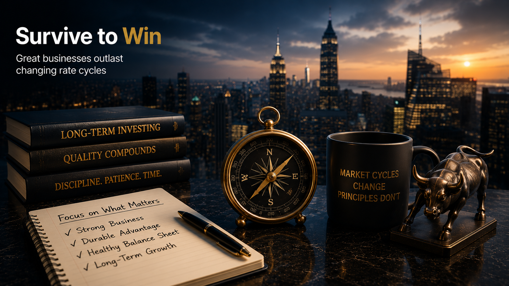 Long-term investment strategy focused on business resilience, durable competitive advantages, and surviving changing interest rate cycles.