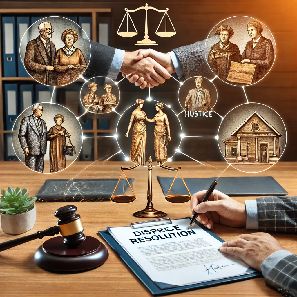 상속 분쟁 해결을 위한 협상 장면과 법적 기호