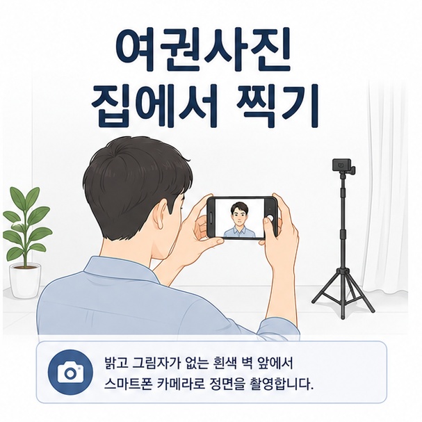 흰색 벽을 배경으로 스마트폰을 고정해 집에서 여권사진을 촬영하는 준비 모습을 보여주는 그림